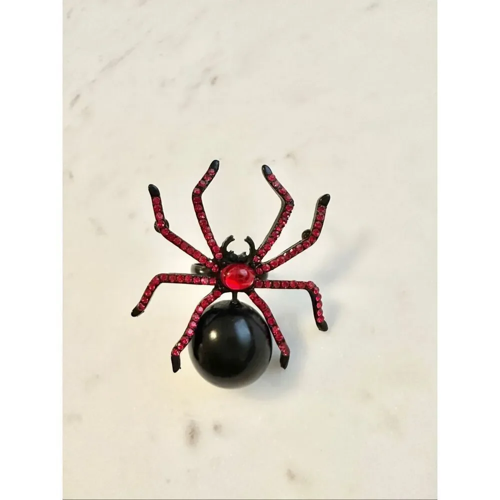 Red rhinestone black widow spider adjustable Halloween ring